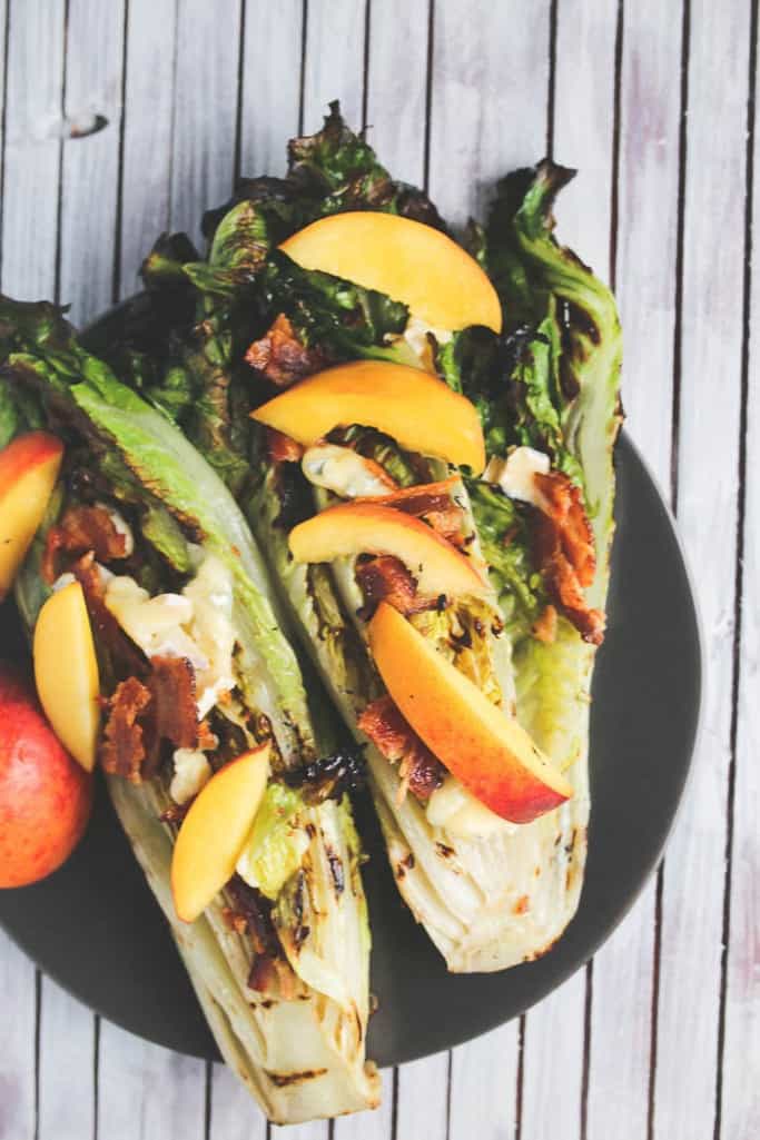 grilled romaine salad with peaches
