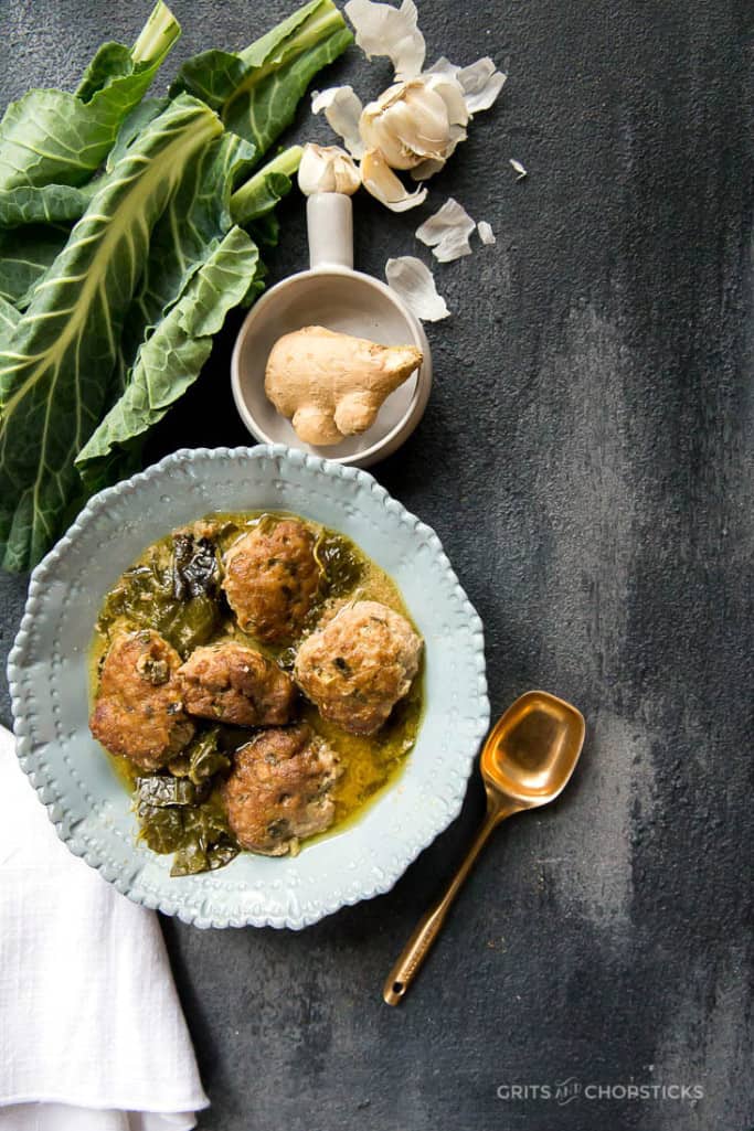 chinese lion's head meatballs with collard greens