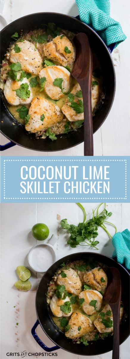 This one-pan coconut lime skillet chicken is made in a cast iron skillet and has Asian flavors with a Southern style of cooking. The best part is that it's Whole30/paleo too!