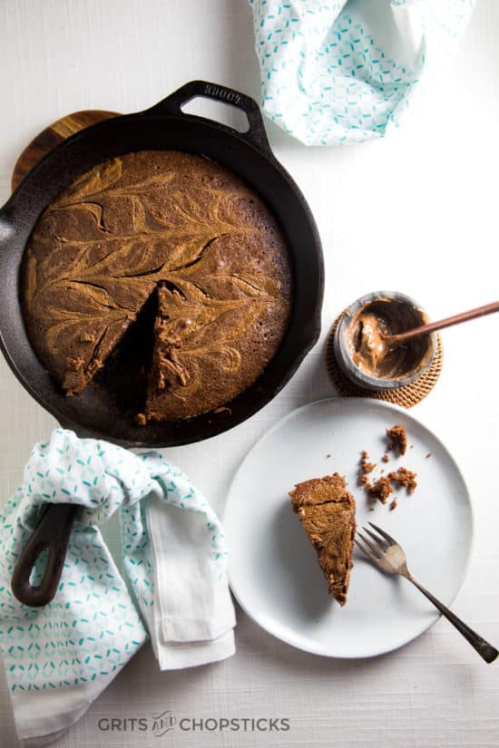 This cast iron almond butter swirl brownie is perfect for a crowd-pleasing dessert, and it's easy to make, too!