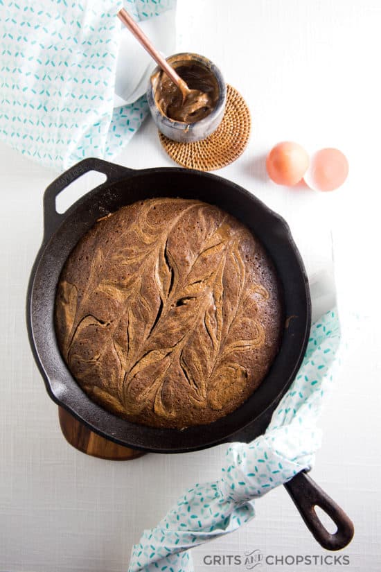 This cast iron almond butter swirl brownie is perfect for a crowd-pleasing dessert, and it's easy to make, too!
