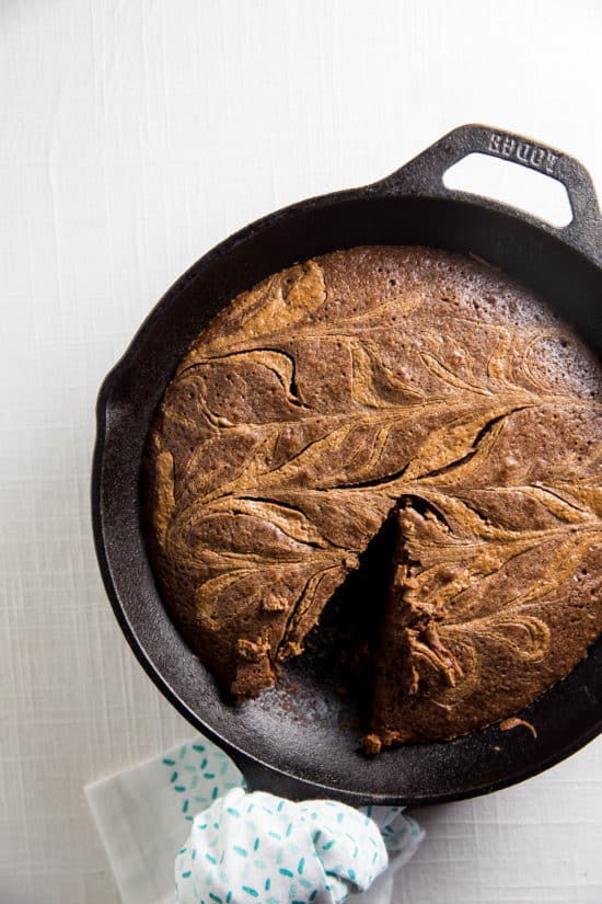 This cast iron almond butter swirl brownie is perfect for a crowd-pleasing dessert, and it's easy to make, too!