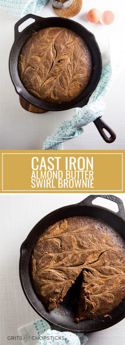 This cast iron almond butter swirl brownie is perfect for a crowd-pleasing dessert, and it's easy to make, too!