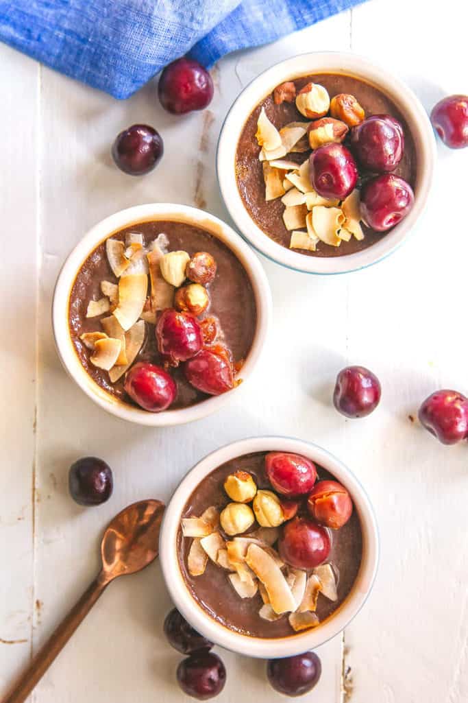 These nutella and coconut pot de cremes are easy to make ahead before a dinner party! Try them with fresh bing or Jerte Picota cherries to take advantage of the summer berry season! 