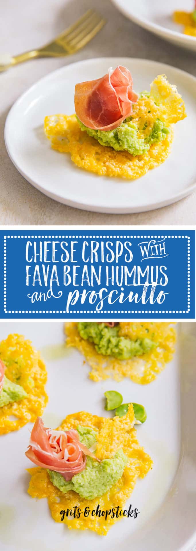 These cheese crisps with fava bean hummus and prosciutto are perfect for your next dinner party!