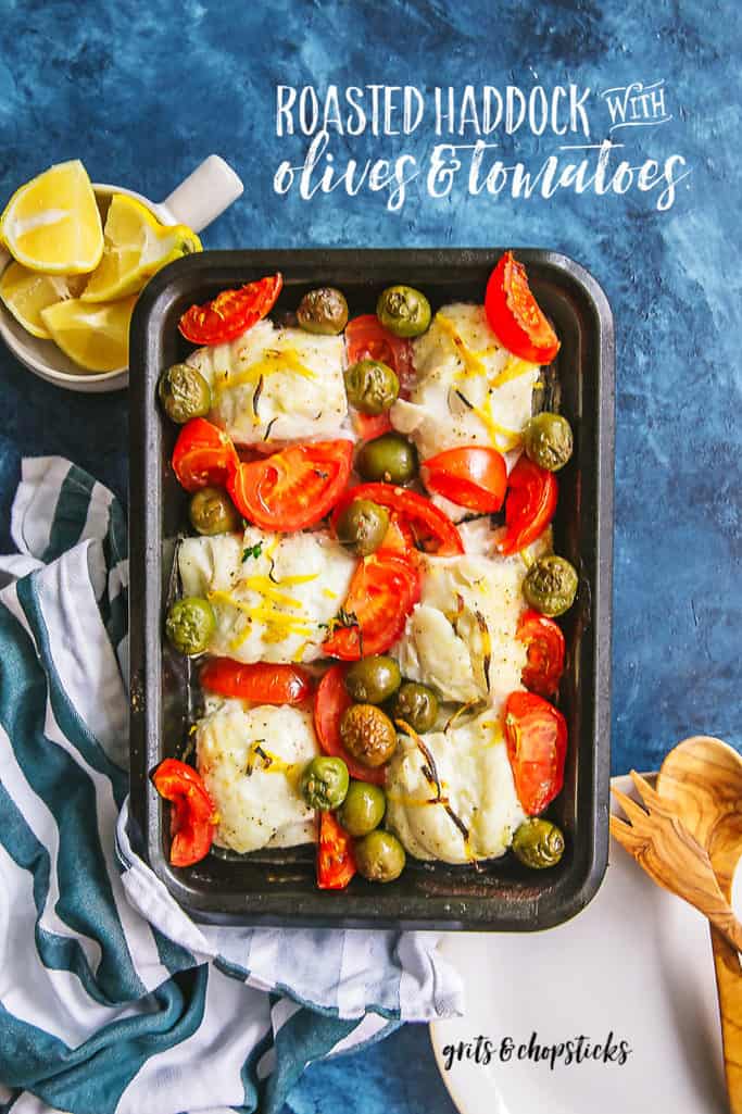 This roasted haddock with tomatoes and olives can be made in one pan. It's salty and sweet and super easy! Whole30/paleo too!